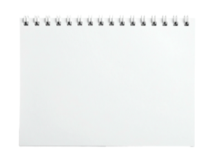 A horizontal, blank white notepad with a metal coil binding, isolated on a black background