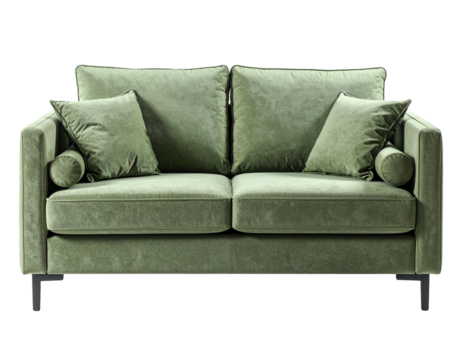 A plush, two-seater sofa in a soft olive green hue, with matching pillows