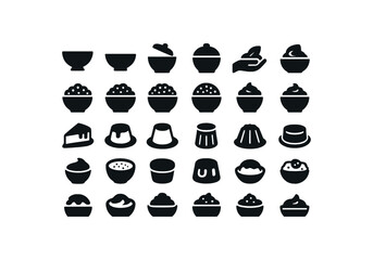 vector solid black filled icons Desserts (puddings) bowl on bowl off lid open lid closed serve active serve inactive rice pudding bread pudding tapioca pudding chia pudding chocolate mousse