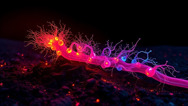 A glowing malignant growth being starved of its vibrant nutrient streams on a dark field.