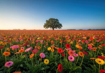 Vibrant gerbera daisy field with solitary tree under clear blue sky at sunset