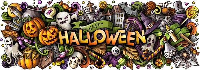 Happy Halloween cartoon funny doodle banner