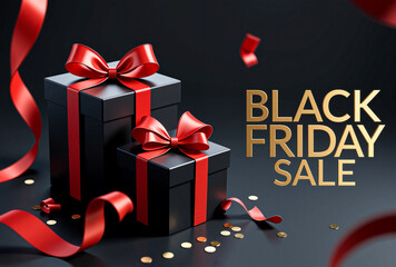 Black Friday Sale with Luxury Black and Red Gift Boxes and Ribbons on Dark Background