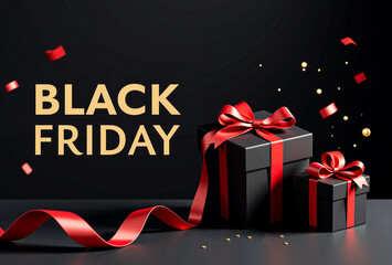 Black Friday Sale with Luxury Black and Red Gift Boxes and Ribbons on Dark Background
