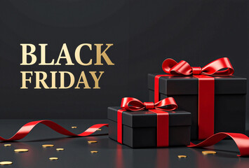 Black Friday Sale with Luxury Black and Red Gift Boxes and Ribbons on Dark Background