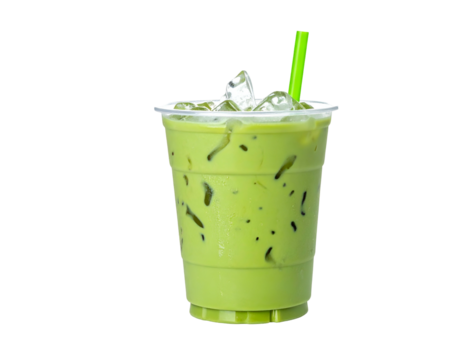 A refreshing iced beverage with a vibrant green hue, ice cubes, and a green straw
