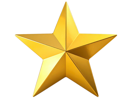 A gleaming five-pointed golden star, rendered with highlights and shadows, floating on black