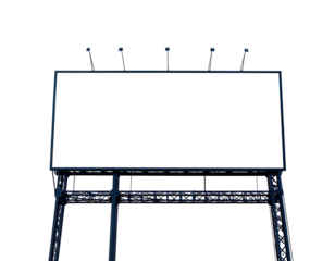 Large, blank rectangular sign on a metal framework against a black backdrop. Overhead lights present