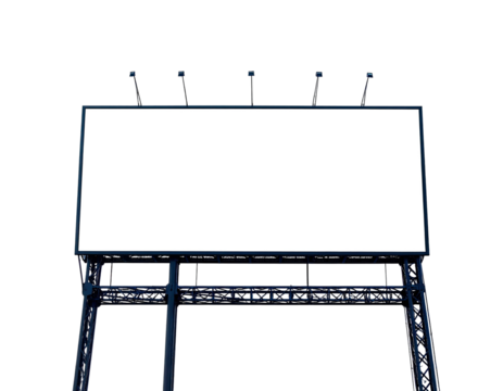 Large, blank rectangular sign on a metal framework against a black backdrop. Overhead lights present