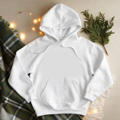 Flat lay white hooded sweatshirt mockup. Lying hoodie mock up, minimalist Christmas background. Blank hoodie template. Unisex clothing, gender neutral apparel, urban style outfit mock	