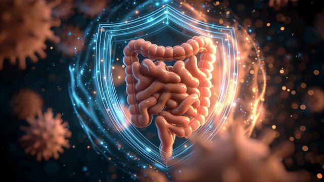 human digestive system protected by a shield, illustrating health and immunity concepts