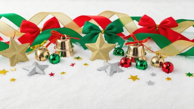 Festive holiday bells and ribbons with star confetti in christmas colors. 4k Video footage