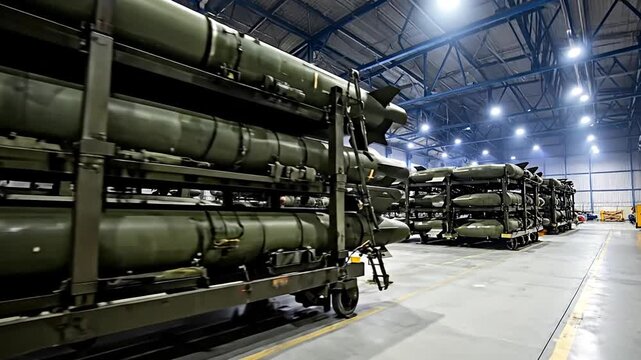 Rows of Missiles in a Factory or Warehouse for Military Use
