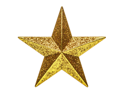 A five-pointed golden star with a textured glittery appearance, isolated on black
