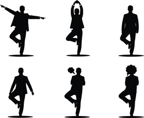 Business silhouettes practicing yoga tree pose balance, mindfulness at workplace, stress management, corporate wellness, meditation, healthy lifestyle, teamwork harmony, focus
