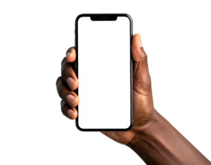 A close-up of a hand holding a smartphone with a blank black screen, isolated