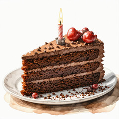 delicious, sweet birthday cake, chocolate dessert with berries. watercolor drawing. artificial intelligence generator, AI, neural network image. background for the design