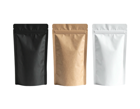Three vertically-oriented pouches of different colors against a stark black background - Powered by Adobe