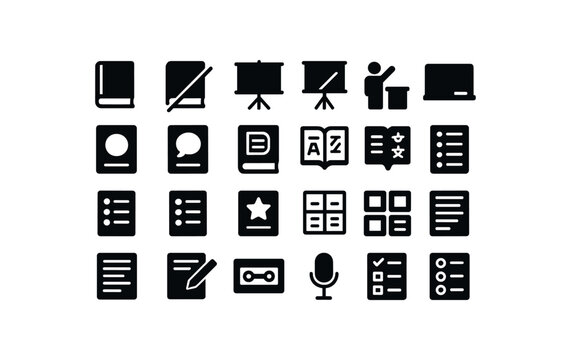 vector solid black filled icons Education (language) book on book off board open board closed class active class inactive alphabet card phonics card grammar book dictionary page thesaurus