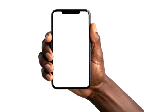 A close-up of a hand holding a smartphone with a blank black screen, isolated