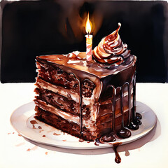 delicious, sweet birthday cake, chocolate dessert with berries. watercolor drawing. artificial intelligence generator, AI, neural network image. background for the design