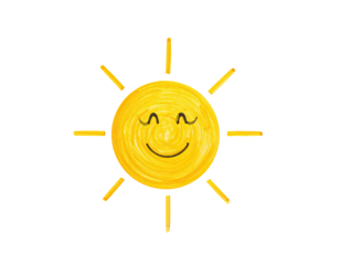 Simple cartoon sun with a smiling face and eight rays on a black background