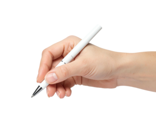 A hand holding a white pen, poised to write or sketch, against a solid black background