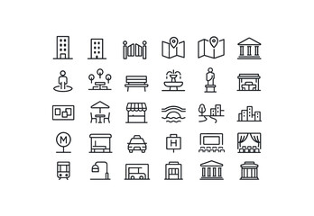 vector outline icons. outline stroke user interface icons style on clean white background Travel (city) light on light off gate open gate closed map active map inactive street view plaza