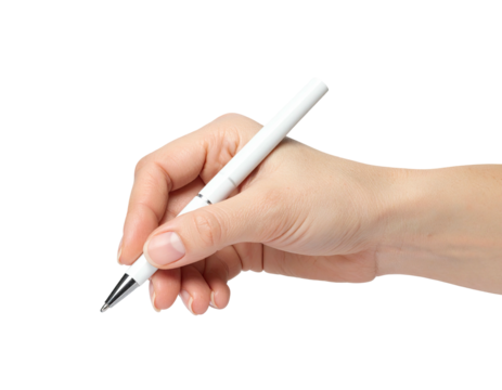 A hand holding a white pen, poised to write or sketch, against a solid black background