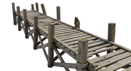 Weathered wooden pier extending into the distance isolated on transparent background