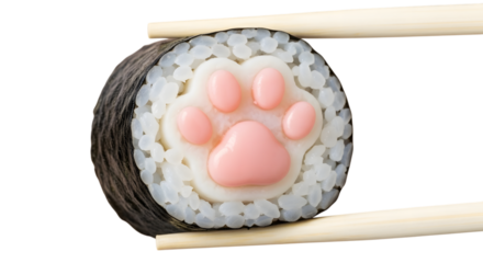 Cute cat paw sushi roll held with chopsticks isolated on transparent background