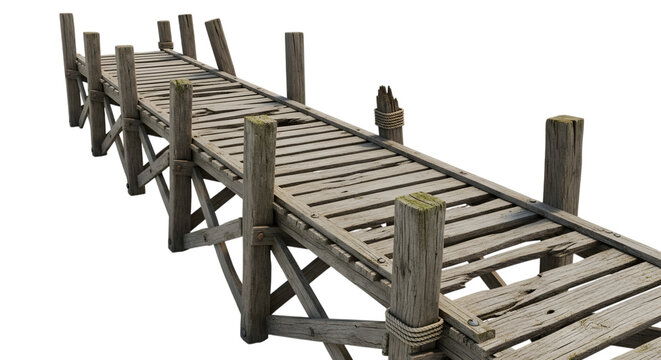 Weathered wooden pier extending into the distance isolated on transparent background