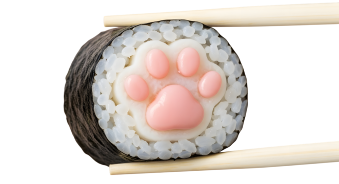 Cute cat paw sushi roll held with chopsticks isolated on transparent background - Powered by Adobe