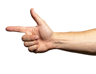 Close-up of a hand forming a gesture that resembles a pistol or gun, pointing left