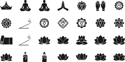 Collection of yoga poses meditation symbols incense sticks and lotus flowers isolated on transparent background