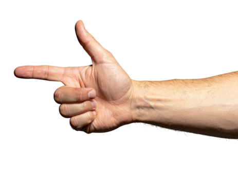 Close-up of a hand forming a gesture that resembles a pistol or gun, pointing left