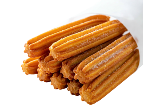 A close-up of a stack of sugar-dusted, golden-brown pastries, neatly tucked in white paper