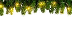 Evergreen garland with glowing string lights against a black background, holiday themed