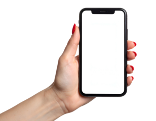 A hand with red nails holding a modern smartphone with a blank white screen against a black background