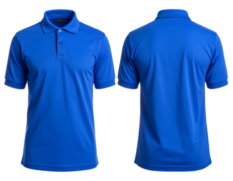 Front and back view of a blue short-sleeved polo shirt, isolated on a black background