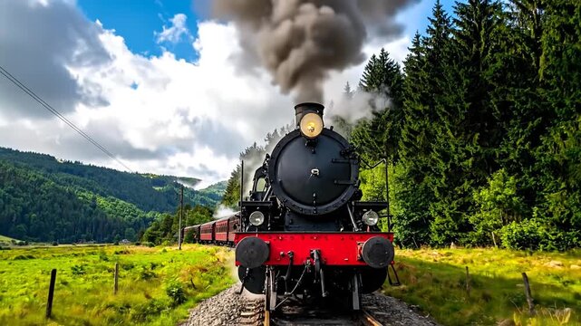 Steam train chugging through the countryside with smoke billowing.