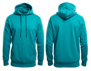 Front and back isolated turquoise hoodie view with a hood and a front pouch pocket