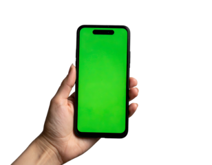 A person's hand holding a modern smartphone with a green screen against a black background