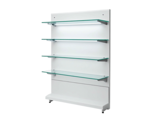 A wall-mounted retail display unit with multiple glass shelves illuminated from above