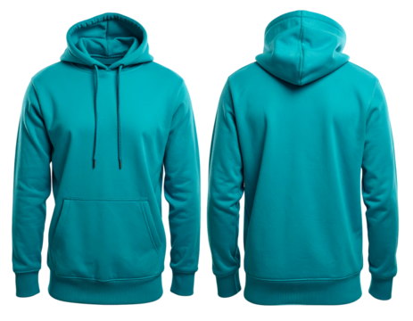 Front and back isolated turquoise hoodie view with a hood and a front pouch pocket