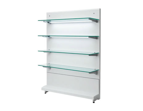 A wall-mounted retail display unit with multiple glass shelves illuminated from above