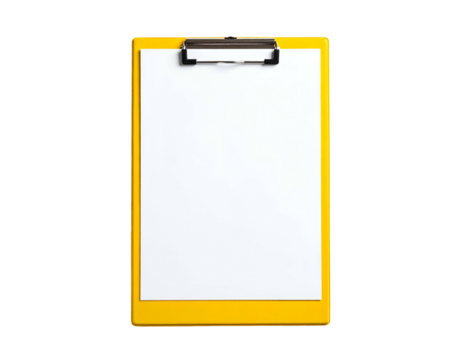 A rectangular yellow clipboard with a blank white paper on a stark black background