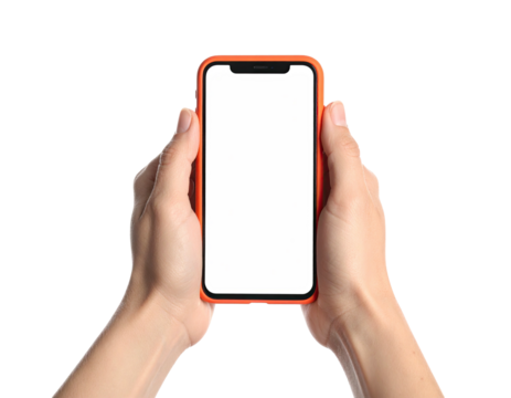 Two hands holding a smartphone with a blank white screen, isolated against black background