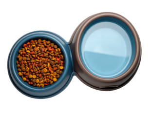 Top-down view of a dual pet bowl filled with dry food on one side and water on the other