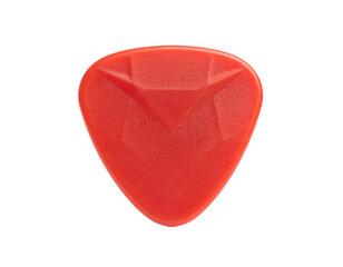 A bright red, textured, triangular plectrum isolated on a stark black background